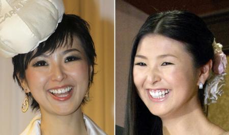 　左が２０１２年２月２９日、右が０８年４月１６日の結婚会見の写真